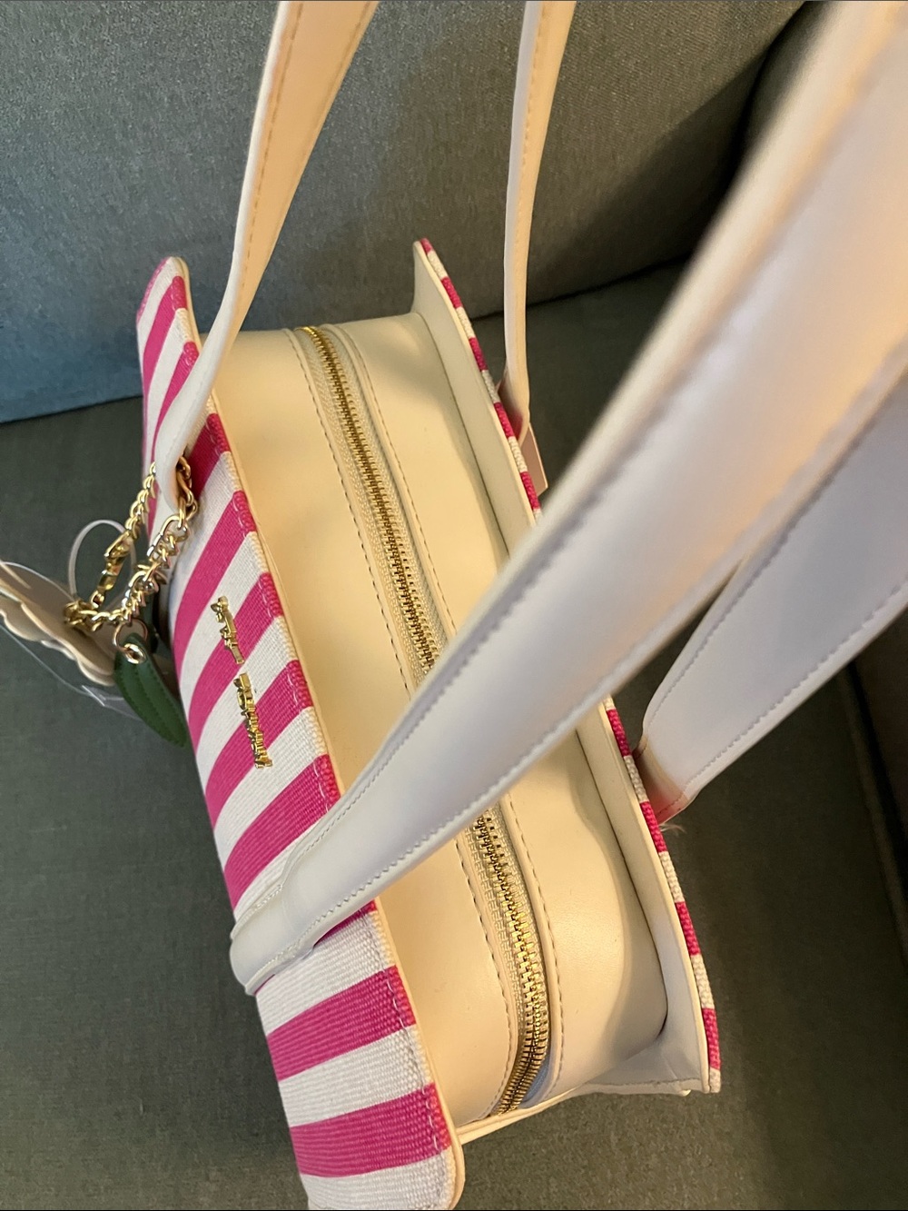 🩷Betsey Johnson XOMACK pink & beige striped satchel handbag w/flower charm NWT - Picture 11 of 13